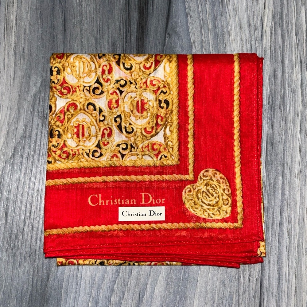 Vintage Christian Dior Red & Gold Cotton Handkerchief - Picture 2 of 11